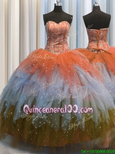 Sweet Visible Boning Beading and Ruffles and Sequins Quince Ball Gowns Multi-color Lace Up Sleeveless Floor Length