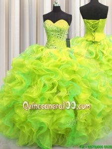 New Style Multi-color Ball Gowns Organza Sweetheart Sleeveless Beading and Ruffles Floor Length Lace Up Quince Ball Gowns