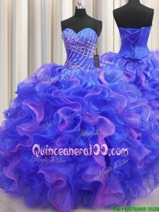 Popular Multi-color Ball Gowns Beading and Ruffles Sweet 16 Quinceanera Dress Lace Up Organza Sleeveless Floor Length