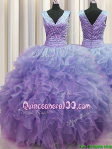 Most Popular V Neck Zipper Up Lavender Sleeveless Organza Zipper Quinceanera Dresses forMilitary Ball and Sweet 16 and Quinceanera