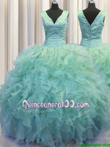 V Neck Zipper Up Light Blue Quince Ball Gowns Military Ball and Sweet 16 and Quinceanera and For withRuffles V-neck Sleeveless Zipper