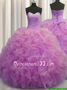 Sweet Lilac Lace Up Quince Ball Gowns Beading and Ruffles Sleeveless Floor Length