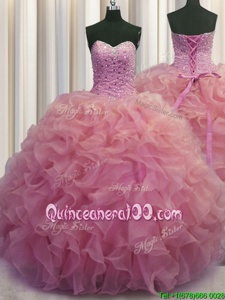 Captivating Watermelon Red Organza Lace Up Sweet 16 Quinceanera Dress Sleeveless Floor Length Beading and Ruffles