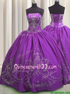 Artistic Floor Length Eggplant Purple Quince Ball Gowns Taffeta Sleeveless Spring and Summer and Fall and Winter Embroidery