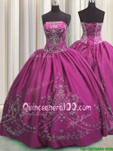 Charming Fuchsia Strapless Lace Up Beading and Embroidery Sweet 16 Quinceanera Dress Sleeveless
