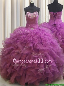 Chic Beaded Bust Fuchsia Ball Gowns Sweetheart Sleeveless Organza Floor Length Lace Up Beading and Ruffles Vestidos de Quinceanera
