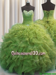 Fantastic Beaded Bust Olive Green Ball Gowns Beading and Ruffles 15th Birthday Dress Lace Up Organza Sleeveless Floor Length