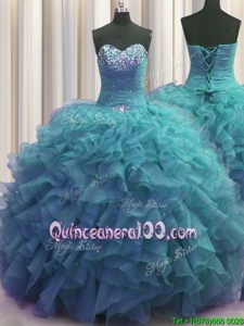 Colorful Beaded Bust Teal Organza Lace Up Sweet 16 Quinceanera Dress Sleeveless Floor Length Beading and Ruffles