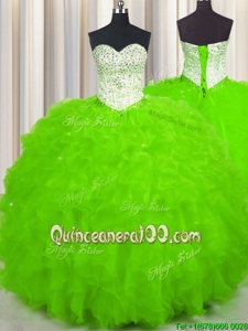 Deluxe Sleeveless Tulle Floor Length Lace Up 15th Birthday Dress inSpring Green forSpring and Summer and Fall and Winter withBeading and Ruffles