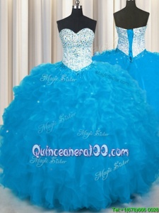 Glorious Baby Blue Tulle Lace Up Quince Ball Gowns Sleeveless Floor Length Beading and Ruffles