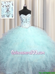 Eye-catching Visible Boning Beading and Appliques and Ruffles Sweet 16 Dresses Light Blue Lace Up Sleeveless Floor Length