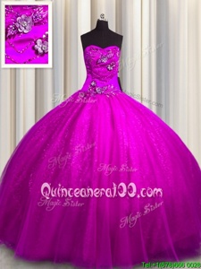 Beauteous Floor Length Fuchsia Quinceanera Dress Tulle and Sequined Sleeveless Spring and Summer and Fall and Winter Beading and Appliques