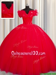 Amazing Off The Shoulder Short Sleeves With Train Ruching Lace Up Quinceanera Dresses with Red Court Train