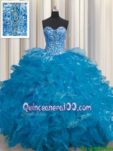 Latest See Through Teal Sleeveless Beading and Ruffles Floor Length 15 Quinceanera Dress