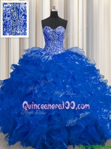 Adorable See Through Organza Sweetheart Sleeveless Lace Up Beading and Ruffles Quinceanera Dress inRoyal Blue