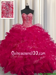 Super See Through Coral Red Lace Up Sweetheart Beading and Ruffles Sweet 16 Dresses Organza Sleeveless