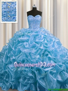 Vintage Baby Blue Organza Lace Up Sweetheart Sleeveless Floor Length Quince Ball Gowns Court Train Beading and Pick Ups