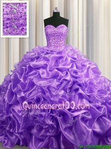 Chic Beading and Pick Ups Quinceanera Dress Lavender Lace Up Sleeveless With Train Court Train