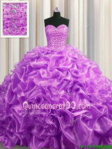 Lavender Ball Gowns Organza Sweetheart Sleeveless Beading and Pick Ups With Train Lace Up Sweet 16 Dress Court Train