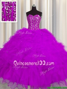 Delicate Visible Boning Fuchsia Sweetheart Neckline Beading and Ruffles and Sequins Quinceanera Gown Sleeveless Lace Up