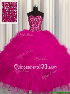 High End Visible Boning Fuchsia Lace Up 15th Birthday Dress Beading and Ruffles and Sequins Sleeveless Floor Length
