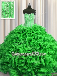 Deluxe Visible Boning Sweetheart Sleeveless Sweet 16 Quinceanera Dress Floor Length Beading and Ruffles Green Organza