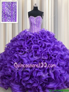 Beauteous Visible Boning Ball Gowns Quinceanera Dress Purple Sweetheart Organza Sleeveless Floor Length Lace Up