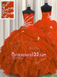 High Quality Orange Red Sweetheart Neckline Beading and Appliques and Ruffles Quinceanera Gowns Sleeveless Lace Up