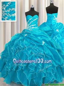 Custom Design Sleeveless Floor Length Beading and Appliques and Ruffles Lace Up Sweet 16 Dresses with Aqua Blue