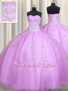 Dynamic Lavender Quinceanera Gown Military Ball and Sweet 16 and Quinceanera and For withBeading and Appliques Sweetheart Sleeveless Zipper