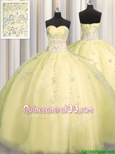 Chic Really Puffy Light Yellow Sweetheart Neckline Beading and Appliques Sweet 16 Dress Sleeveless Zipper