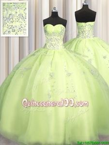 Big Puffy Floor Length Zipper Sweet 16 Dress Yellow Green and In forMilitary Ball and Sweet 16 and Quinceanera withBeading and Appliques
