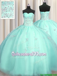 Flare Really Puffy Organza Sweetheart Sleeveless Zipper Beading and Appliques 15th Birthday Dress inTurquoise