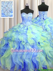 Sweet Beading and Appliques and Ruffles Sweet 16 Dresses Multi-color Lace Up Sleeveless Floor Length