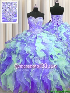 Inexpensive Multi-color Sleeveless Floor Length Beading and Appliques and Ruffles Lace Up 15th Birthday Dress