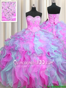 Multi-color Ball Gowns Organza Sweetheart Sleeveless Beading and Appliques and Ruffles Floor Length Lace Up 15th Birthday Dress