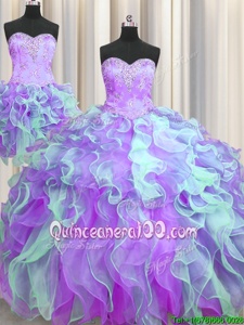 Smart Three Piece Multi-color Ball Gowns Beading and Appliques Quince Ball Gowns Lace Up Organza Sleeveless Floor Length