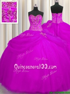 Fuchsia Ball Gowns Sweetheart Sleeveless Tulle Floor Length Lace Up Beading Quinceanera Gowns