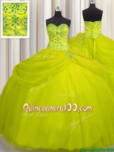 Romantic Really Puffy Floor Length Yellow Green Quinceanera Gowns Sweetheart Sleeveless Lace Up
