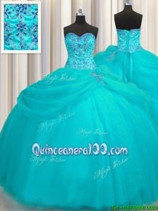 Latest Puffy Skirt Sleeveless Floor Length Beading Lace Up Vestidos de Quinceanera with Aqua Blue
