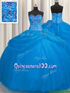 Gorgeous Really Puffy Blue Sweetheart Neckline Beading 15 Quinceanera Dress Sleeveless Lace Up