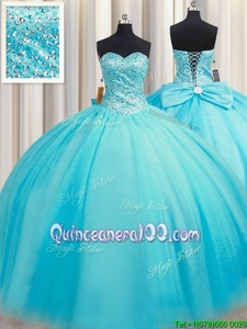 Extravagant Puffy Skirt Sweetheart Sleeveless Lace Up Quinceanera Gown Baby Blue Tulle