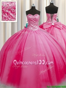 Glamorous Big Puffy Beading Vestidos de Quinceanera Rose Pink Lace Up Sleeveless Floor Length