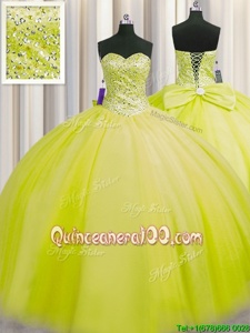 New Arrival Really Puffy Sweetheart Sleeveless Quinceanera Dresses Floor Length Beading Yellow Green and Light Yellow Tulle