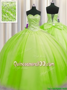 Chic Big Puffy Ball Gowns Sweet 16 Dress Spring Green Sweetheart Tulle Sleeveless Floor Length Lace Up