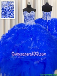 Trendy Visible Boning Beaded Bodice Floor Length Royal Blue 15 Quinceanera Dress Sweetheart Sleeveless Lace Up