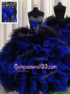 Sexy Blue And Black Lace Up Sweetheart Beading and Ruffles Quinceanera Dresses Organza and Tulle Sleeveless