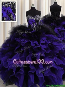 Black And Purple Ball Gowns Sweetheart Sleeveless Organza and Tulle Floor Length Lace Up Beading and Ruffles Quince Ball Gowns