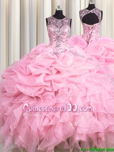 Fantastic See Through Organza Scoop Sleeveless Lace Up Beading and Ruffles and Pick Ups Quinceanera Gown inBaby Pink