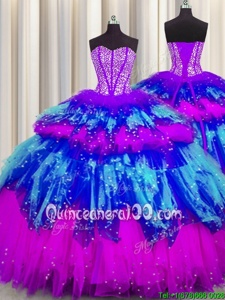 Best Bling-bling Visible Boning Multi-color Quinceanera Dress Military Ball and Sweet 16 and Quinceanera and For withBeading and Ruffles and Ruffled Layers and Sequins Sweetheart Sleeveless Lace Up